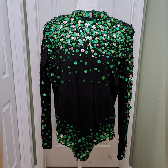 Glamour Costume Sequin Embellished Black and Green Jazz Leotard - Picture 1 of 5